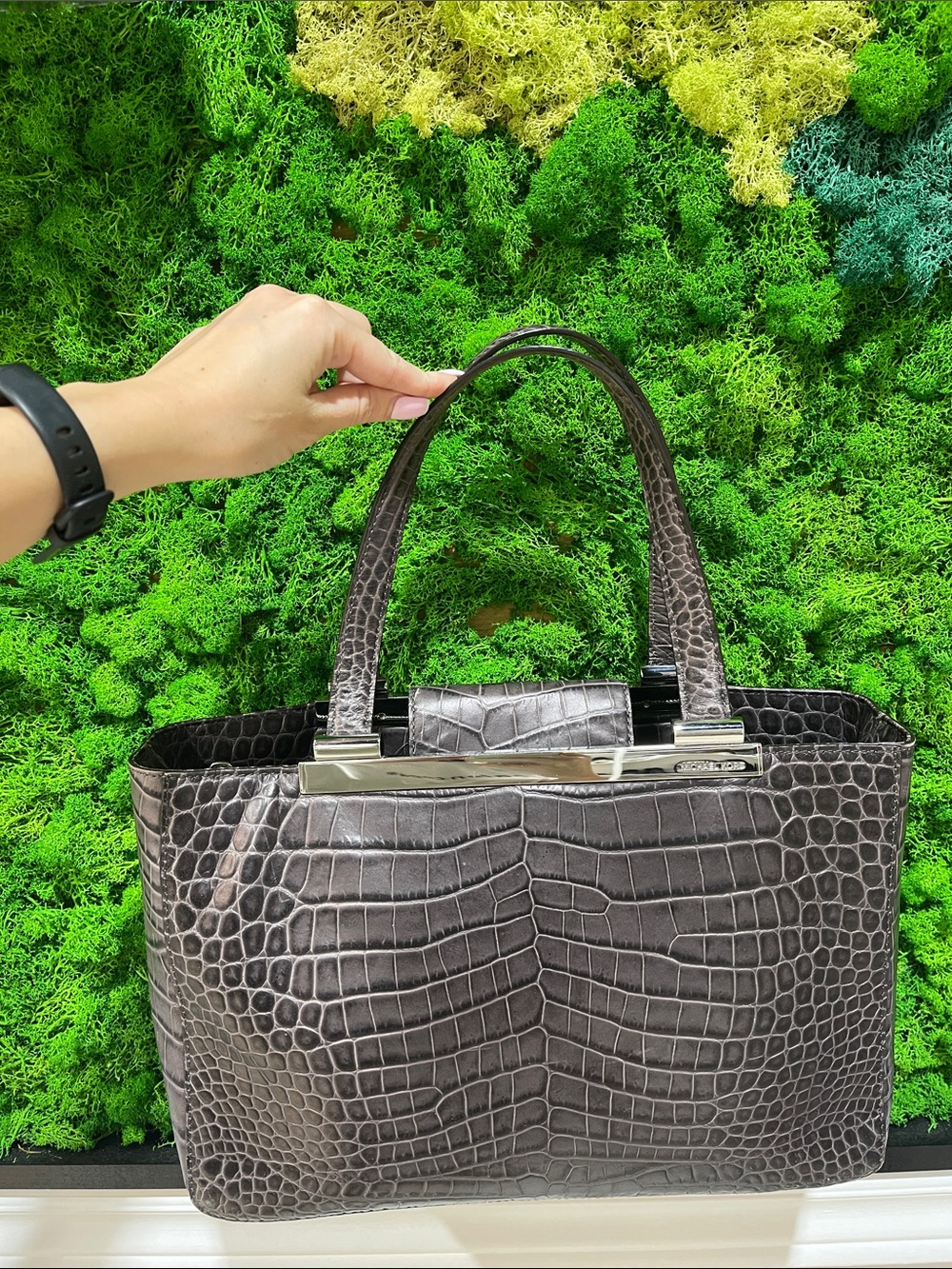 Michael Kors Croc-Embossed Gray Tote with Silver Accent